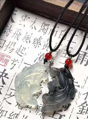 新中式鱼化龙渐变色平安古风水墨双鱼吊坠项链男女情侣