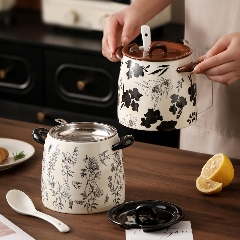 猪油罐陶瓷釉下彩家用大号耐高温调料盒调料罐瓶厨房辣椒油荤油罐