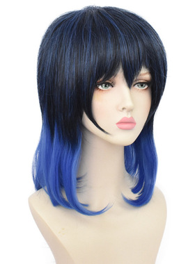 鬼灭之刃cos 嘴平伊之助 猪脸美少年黑蓝色动漫人物发型假发批发