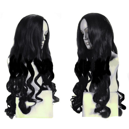 欧美女士假发中分高温丝大波浪黑