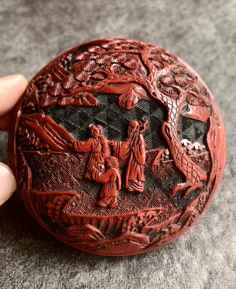 清代雕漆剔红人物山水双面双色印泥盒双面都带雕工顺丰包邮