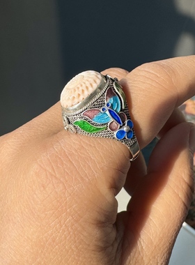 精品银花丝烧蓝镶嵌天然石头戒指活圈口