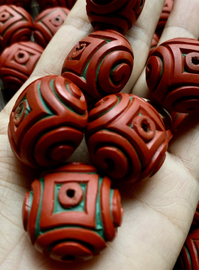 27x18mm创汇时期少见木胎纯手工天然大漆剔红雕漆红绿双色灯笼珠