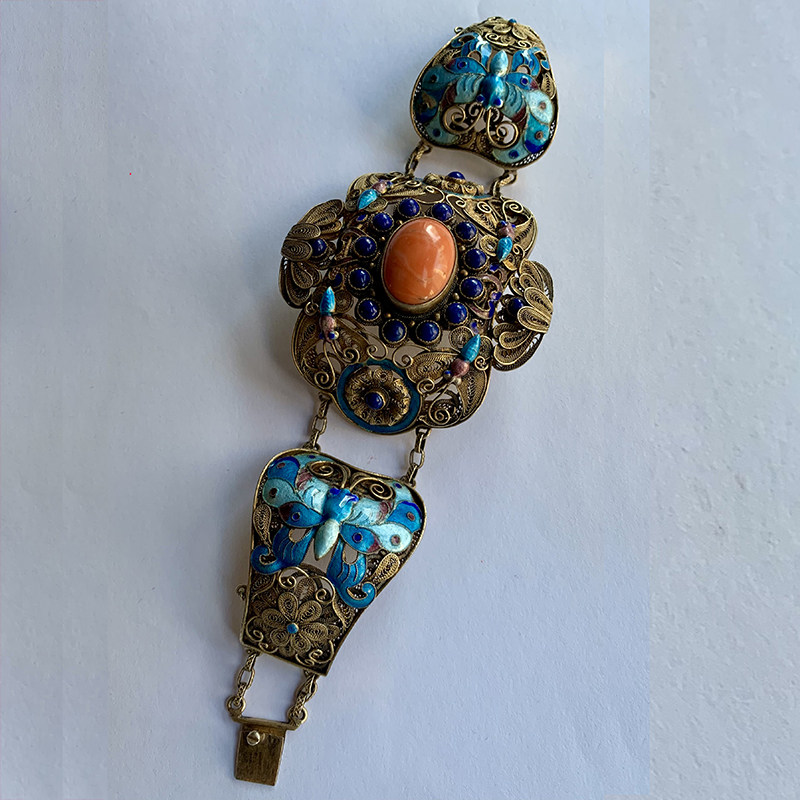 欧洲回流民国时期银花丝鎏金烧蓝镶嵌天然mo宝石卡扣手镯手链孤品