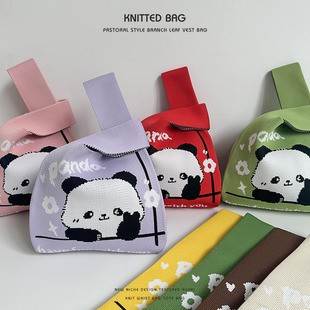 可爱熊猫水桶包新中式 针织手提包女新款 百搭手拎休闲托特包盒饭袋
