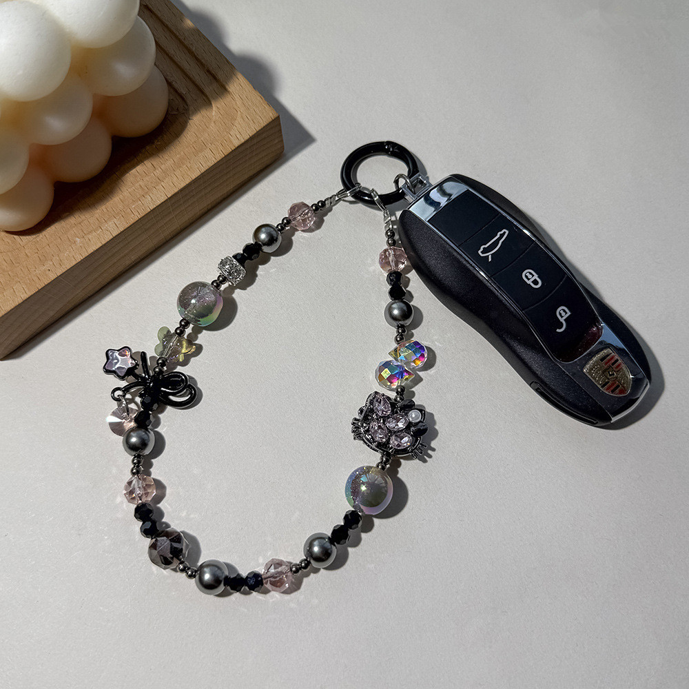 原创卡通KT合金手机链黑色甜酷水晶包包挂饰珍珠五角星钥匙扣挂件