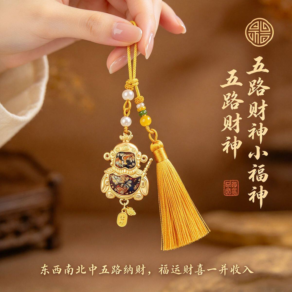 新中式Q版五路财神招财车挂