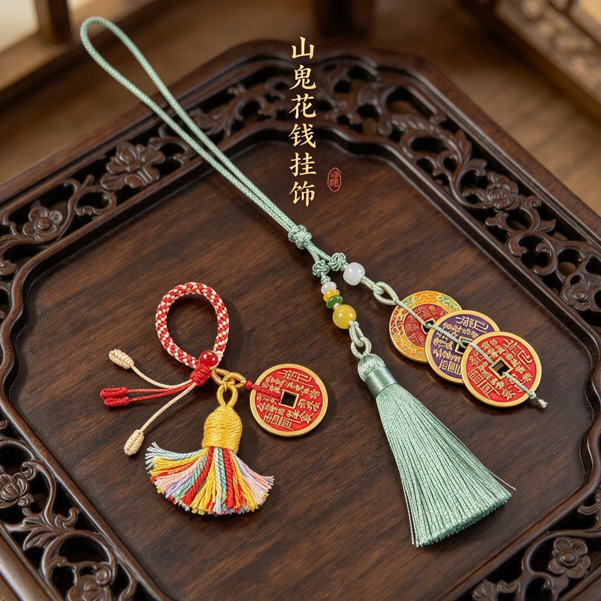 山鬼花钱铜钱手工编织流苏钥匙扣