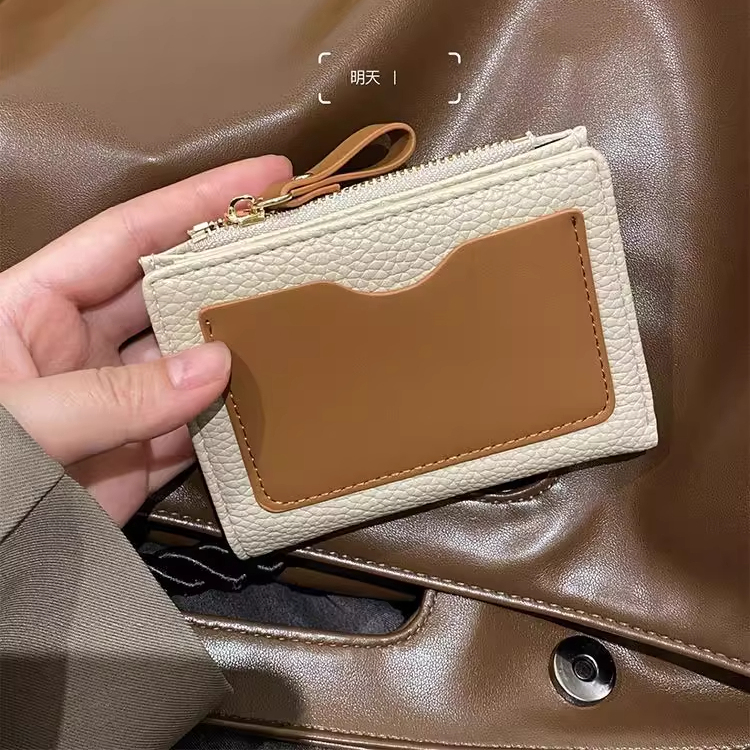 小众撞色复古荔枝纹小钱包女学生短款零钱卡包一体包简约钱夹男女