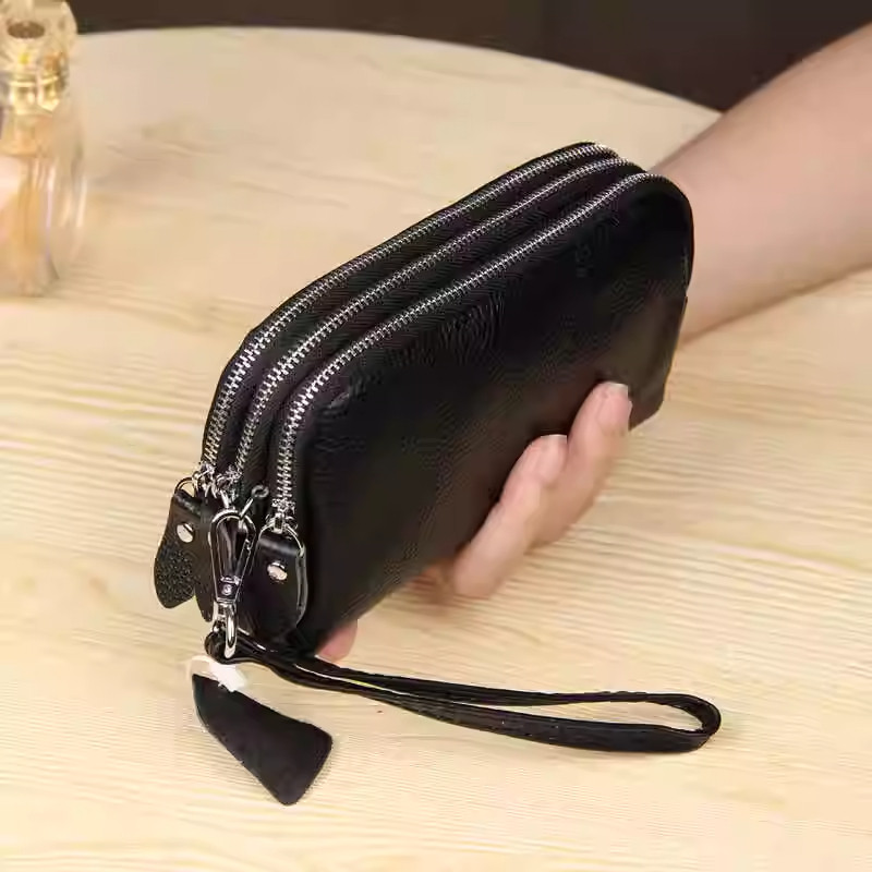 时尚大容量长款女士钱包手拿包黑色三层拉链多功能真皮质感手机包