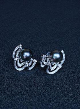 S925银海水珍珠耳饰大溪地黑珍珠耳钉10mm V201-D629