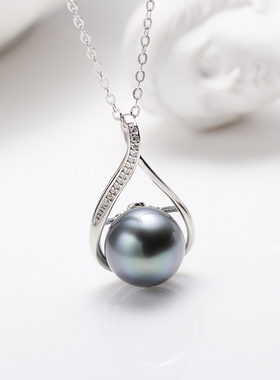 S925银海水珍珠吊坠大溪黑珍珠项链9mm V201-S812