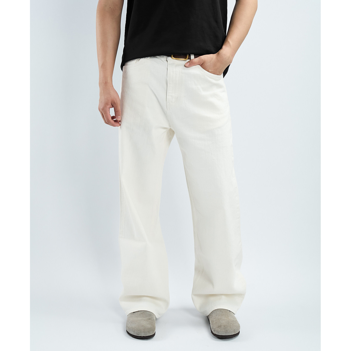 Dokie【白牛】14.5盎司经纬全竹节纱003宽松浅色阔腿直筒牛仔裤男