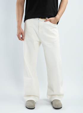 Dokie【白牛】14.5盎司经纬全竹节纱003宽松浅色阔腿直筒牛仔裤男