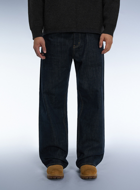 DOKIE秋季新款原牛加绒牛仔裤深蓝脱浆中腰直筒高端裤子男下装