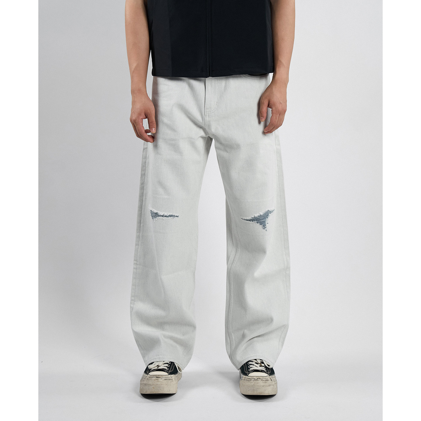 DOKIE【双痕】新品13盎司宽松牛仔裤男夏薄款破洞美式高街长裤子