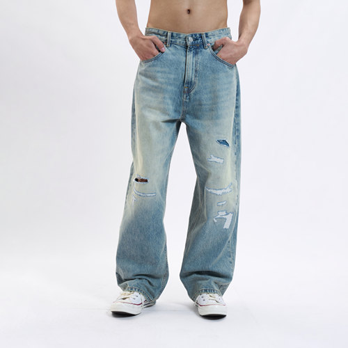 DOKIEl拉链堆叠感四季破洞牛仔裤