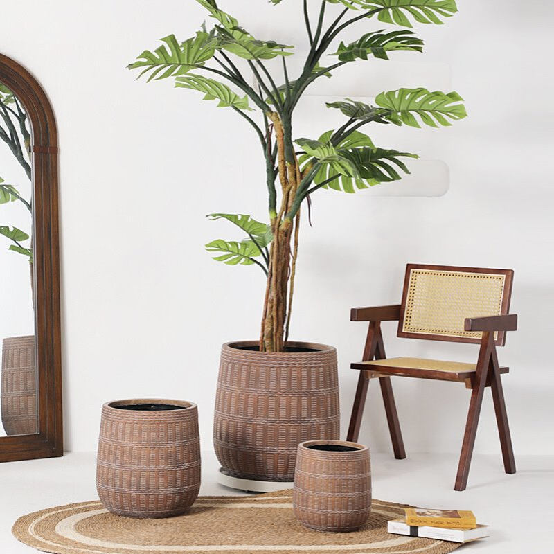 藤编篮子器型大口径镁泥花盆带滚轮托盘落地盆散尾葵孔雀木琴叶榕