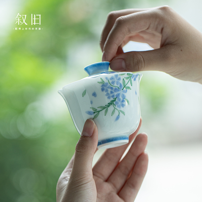 叙旧 手绘小蓝芽苍兰花陶瓷二才盖碗茶杯单个茶碗带盖家用泡茶器