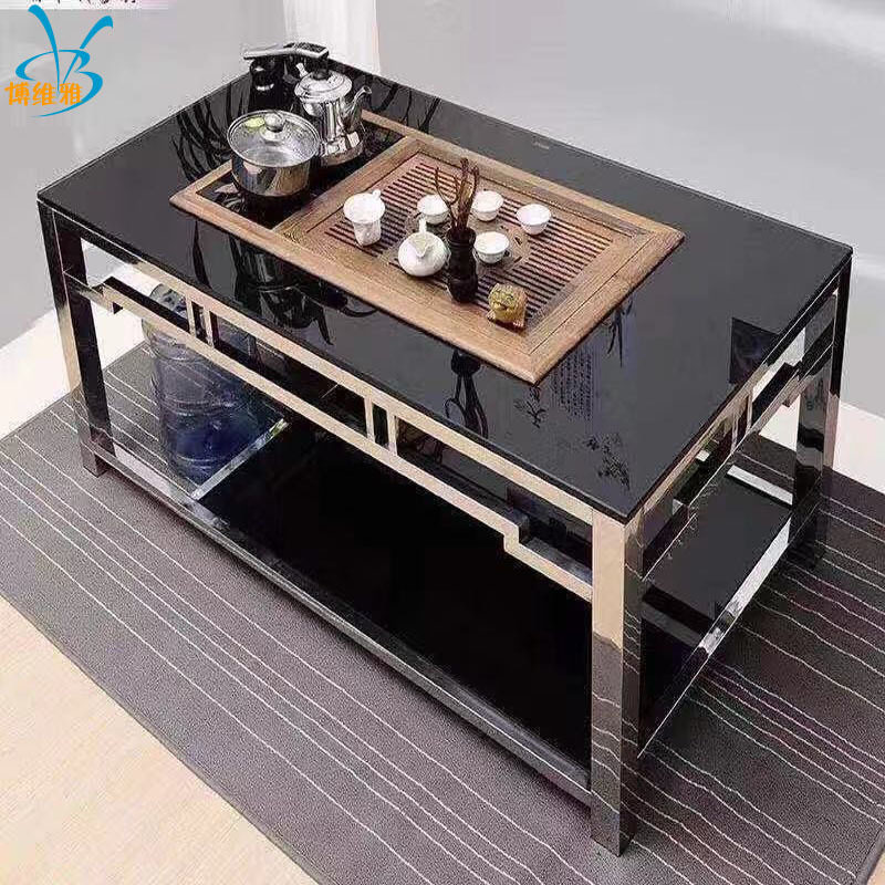现代简约茶几钢化玻璃不锈钢泡茶茶几办公家具茶台加抽屉
