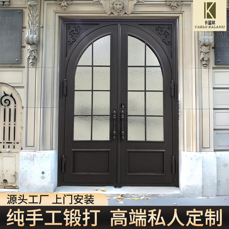 铁艺门纯手工锻打推拉门别墅玻璃门源头工厂跨境定制门欧式入户门