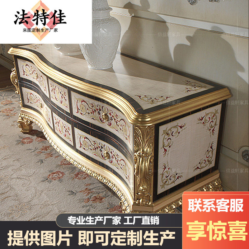 奢华欧式电视柜彩绘金箔客厅影视柜法式实木雕花地柜新古典视听柜