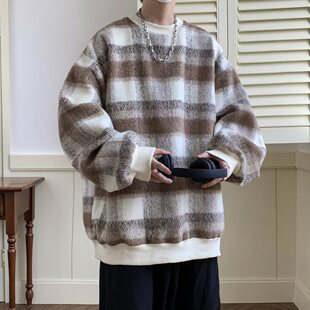 毛呢圆领卫衣男秋季男装美式上衣服2024新款男生秋冬毛衣外套