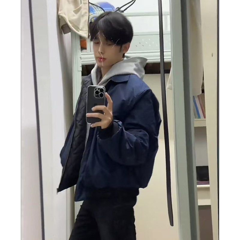 藏蓝色美式飞行员夹克棉服男款秋冬季高街cleanfit外套翻领棒球服