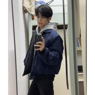 藏蓝色美式飞行员夹克棉服男款秋冬季高街cleanfit外套翻领棒球服