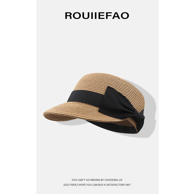 ROUIIEFAO日本蝴蝶结平顶马术帽女夏季出游遮阳防晒草帽鸭舌帽子