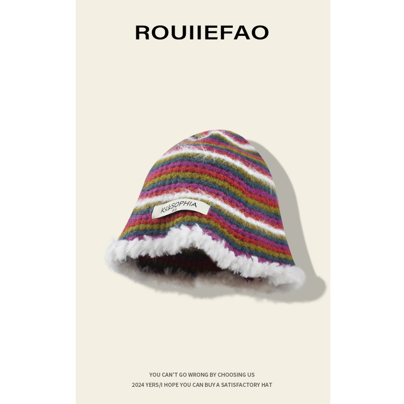 多巴胺彩虹色毛线渔夫帽子女显脸小条纹拼接盆帽秋冬保暖针织帽潮,服饰配件/皮带/帽子/围巾,帽子,淘宝优惠券,粉丝福利购,淘宝优惠卷