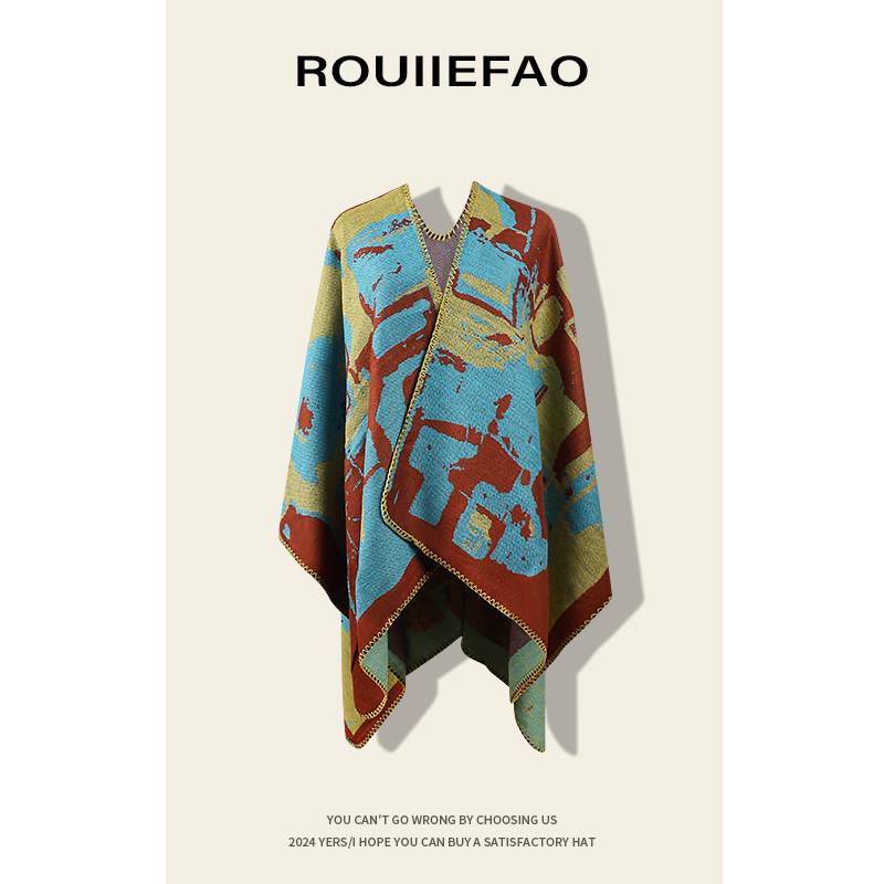 民族风披肩女外搭斗篷青海西藏云南旅游拍照披风秋冬加厚保暖围巾