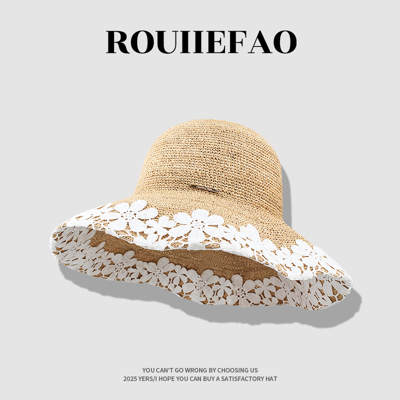 ROUIIEFAO草帽蕾丝花朵大帽檐