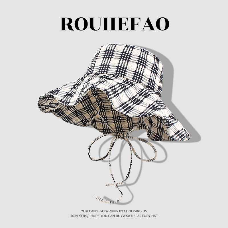 ROUIIEFAO大檐帽格纹海边度假