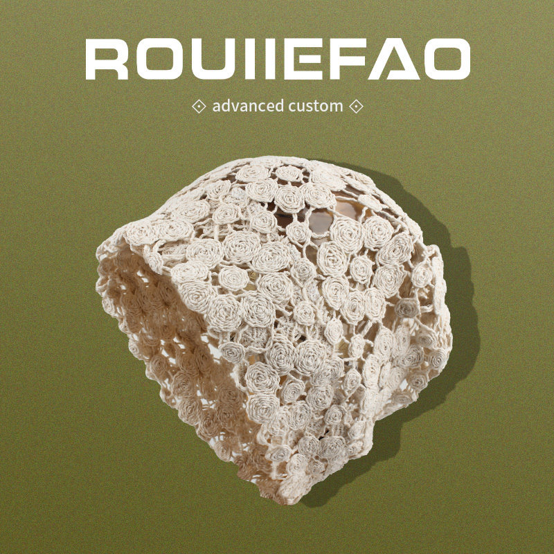 日系手工编织镂空花朵包头帽女甜美薄款透气套头冷帽针织堆堆帽子