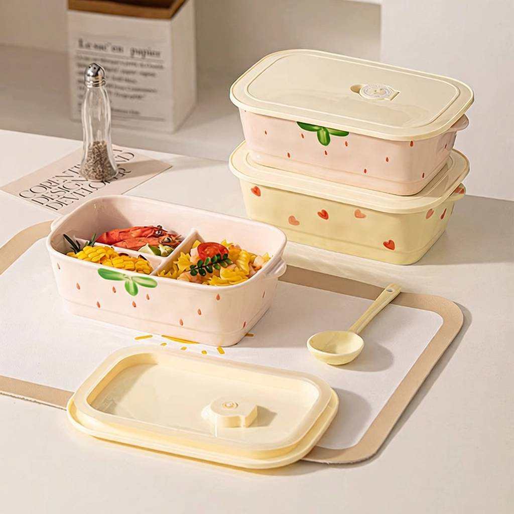 草莓陶瓷分隔饭盒上班族带饭餐盒学生专用三格便当盒微波炉加热
