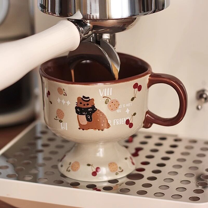 复古猫咪咖啡杯拉花杯马克杯中古风水杯陶瓷杯子可爱小狸方口杯