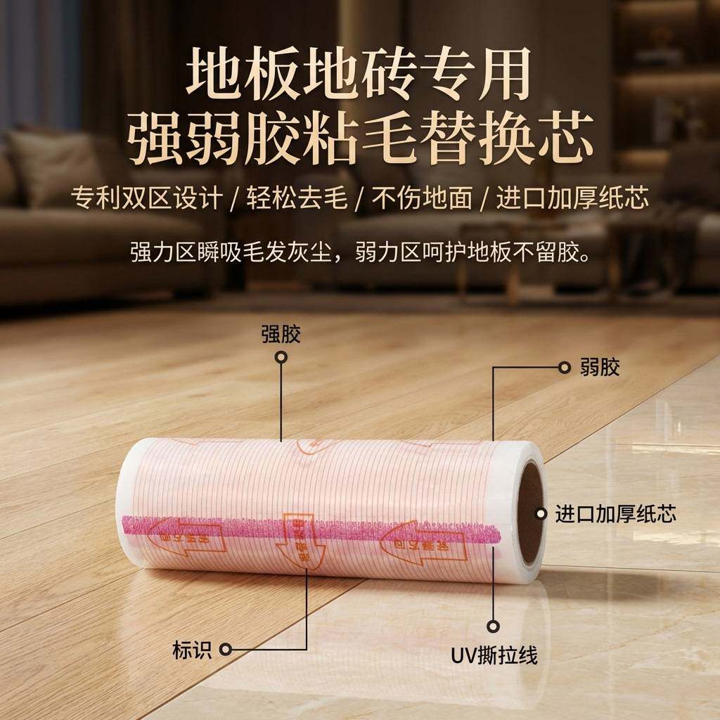 长杆可伸缩长柄强弱胶粘尘纸滚筒粘毛器黏毛除尘卷纸地毯清洁粘毛