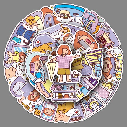 100张手绘原创宅家女孩贴纸宅家休闲氛围感手帐拼贴装饰贴纸素材