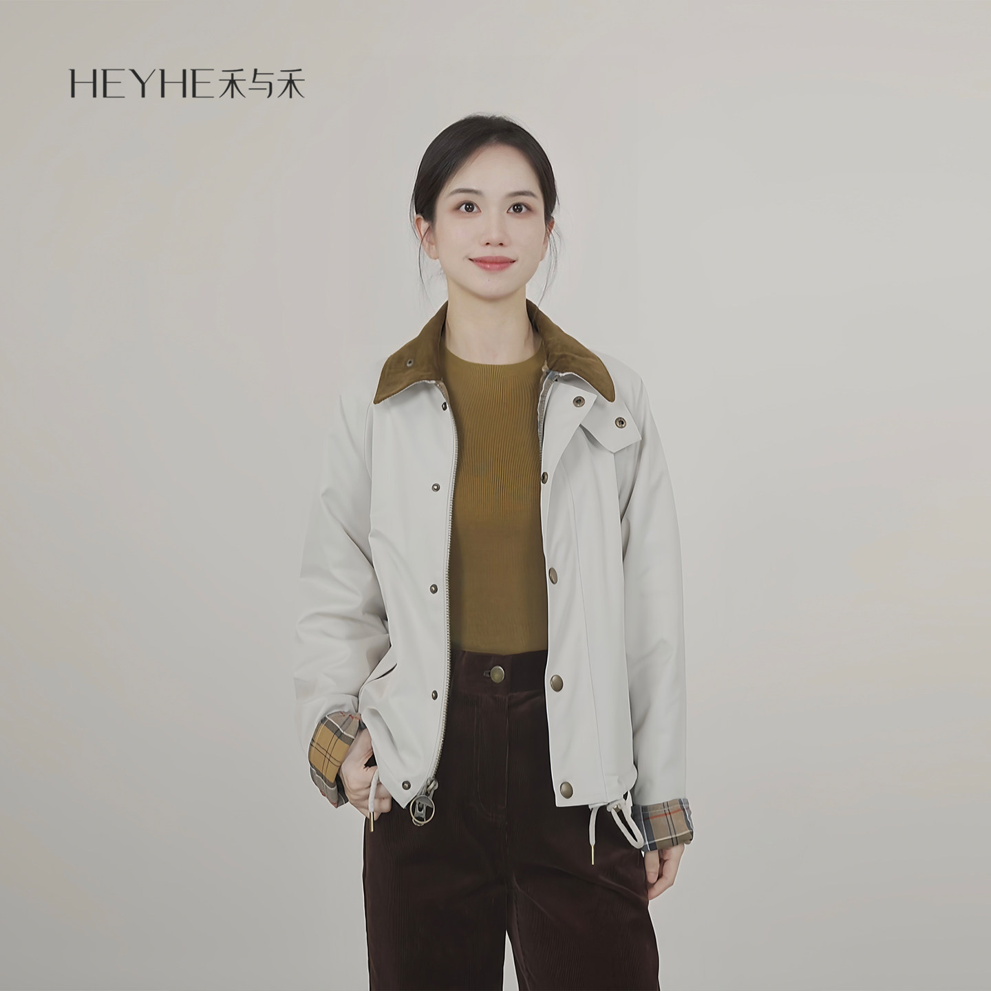 小禾【伦敦往事】灯芯绒可拆卸领绊拼接格纹内里巴恩风撞色外套,女装/女士精品,短外套,淘宝优惠券,粉丝福利购,淘宝优惠卷