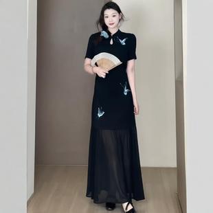 旗袍裙夏季 大码 改良版 女装 微胖mm显瘦掐腰连衣裙 蝴蝶结刺绣新中式