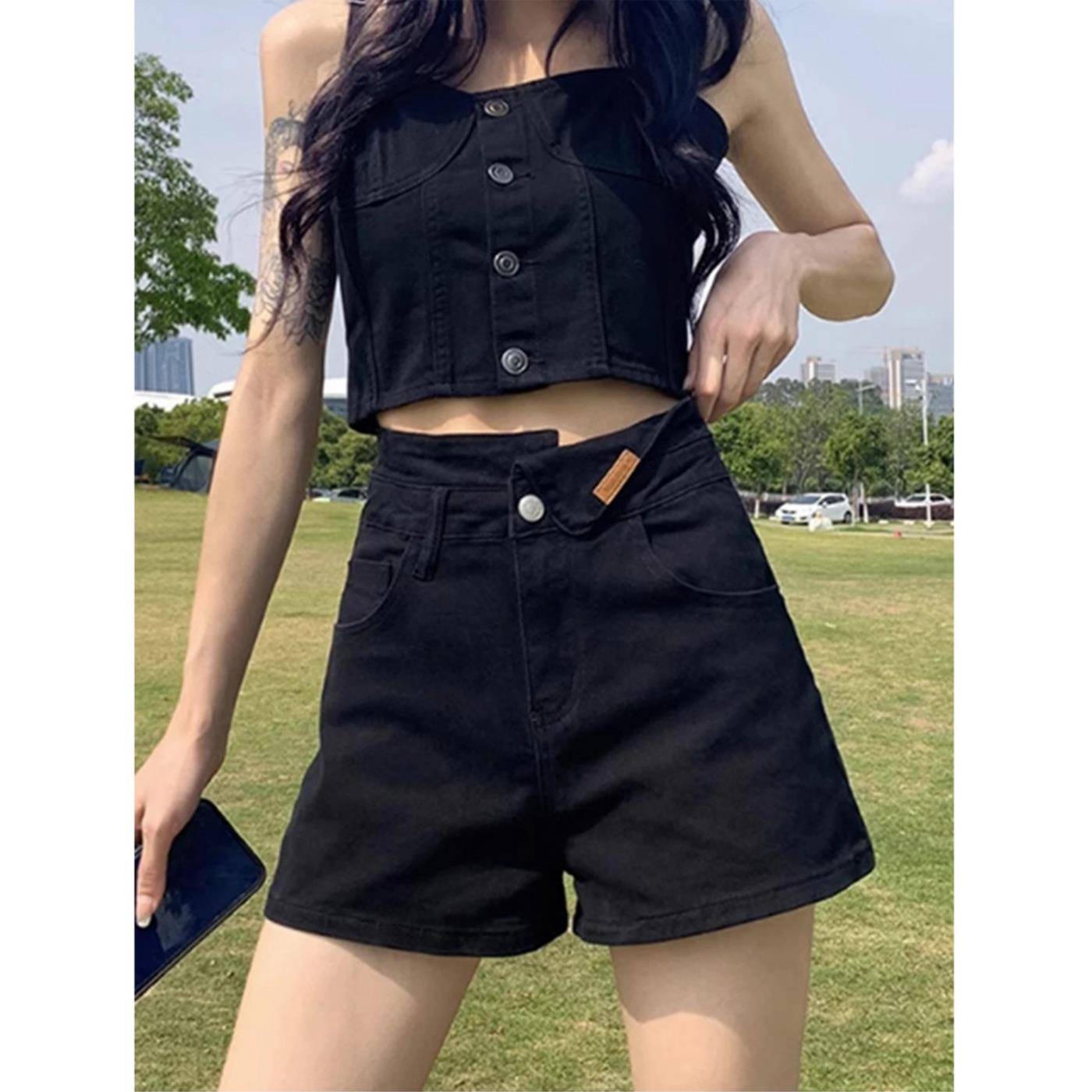 黑色高腰a字牛仔短裤女夏薄款2025新款大码中裤胖mm显瘦辣妹热裤