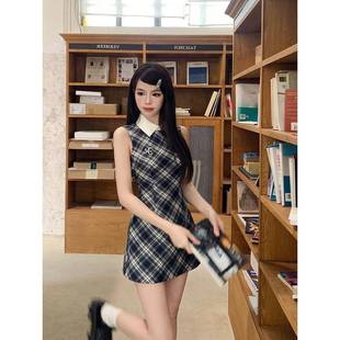 法式 复古格子无袖 连衣裙子女收腰气质设计感纯欲风polo领短裙夏季