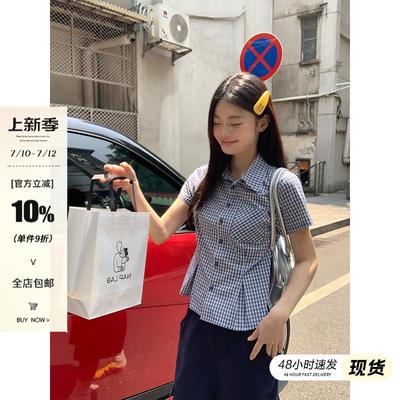 宋正恩蓝色格子短袖衬衫女夏季新款收腰翻领小个子韩系衬衣上衣