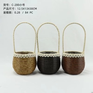 手提式花篮竹节花篮塑藤花篮插花花盆伴手礼篮装饰花盆田园小花篮