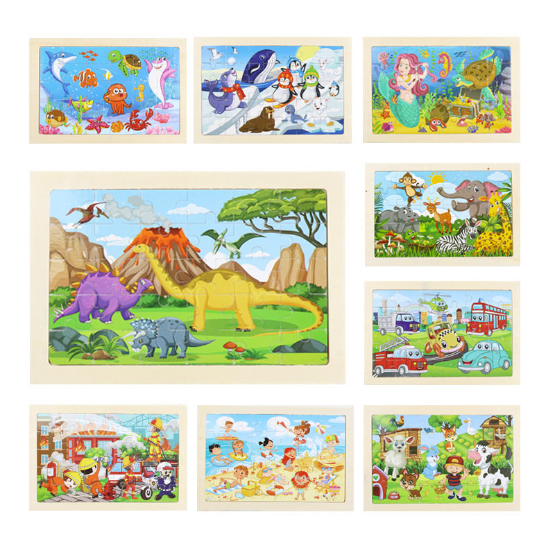 木制30片拼板儿童动物卡通童话进阶平面拼图宝宝早教益智积木玩具