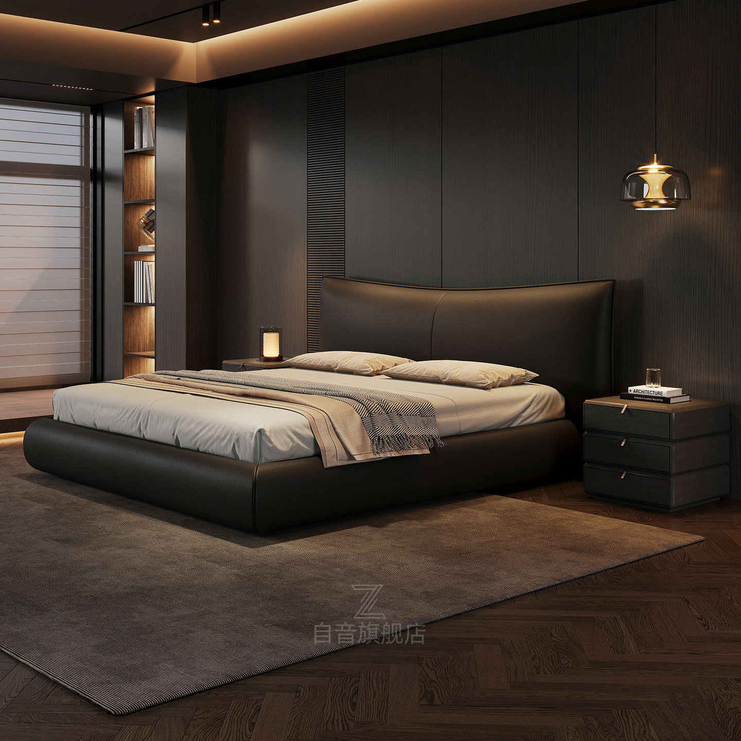 黑色意式极简真皮宽屏床现代主卧高端大气现代简约2米x2米2大床