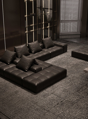 黑色真皮沙发客厅2025新款现代简约双面大户型别墅转角saba像素