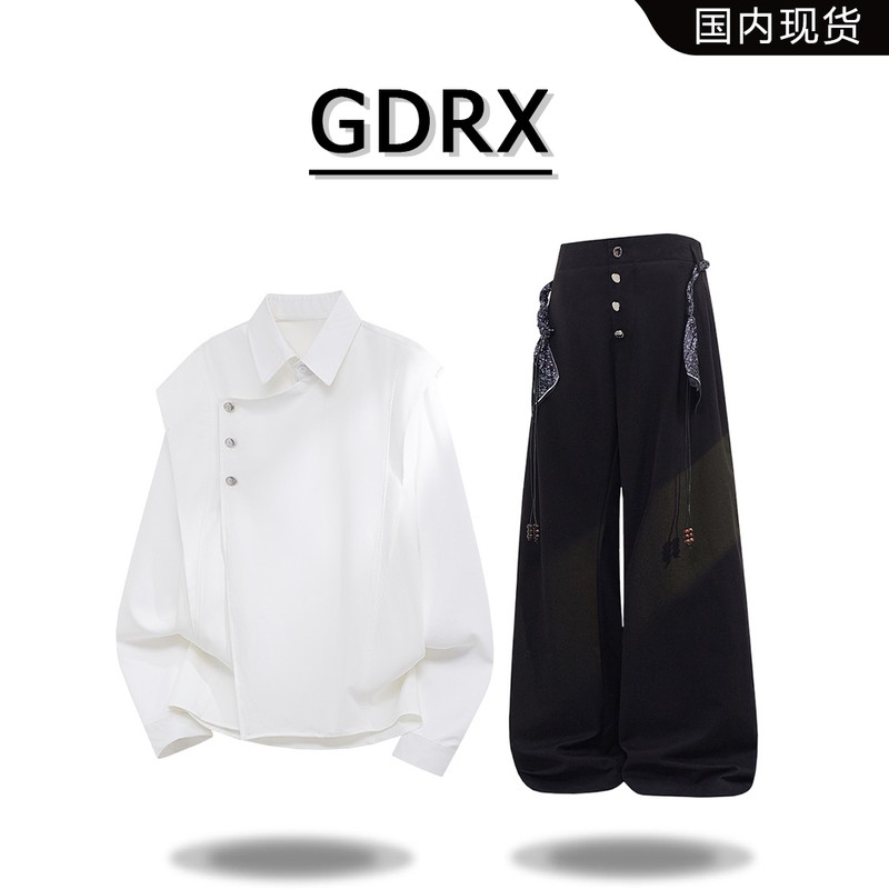 GDRX美式小众长袖衬衫男2026春秋季新款宽松痞帅复古休闲衬衣套装