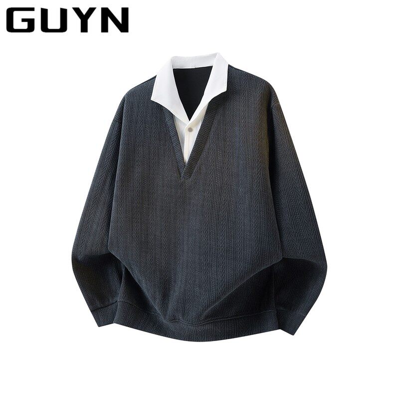 GUYN美式假两件卫衣麦穗纹长袖T恤男夏季新款宽松休闲正肩polo衫